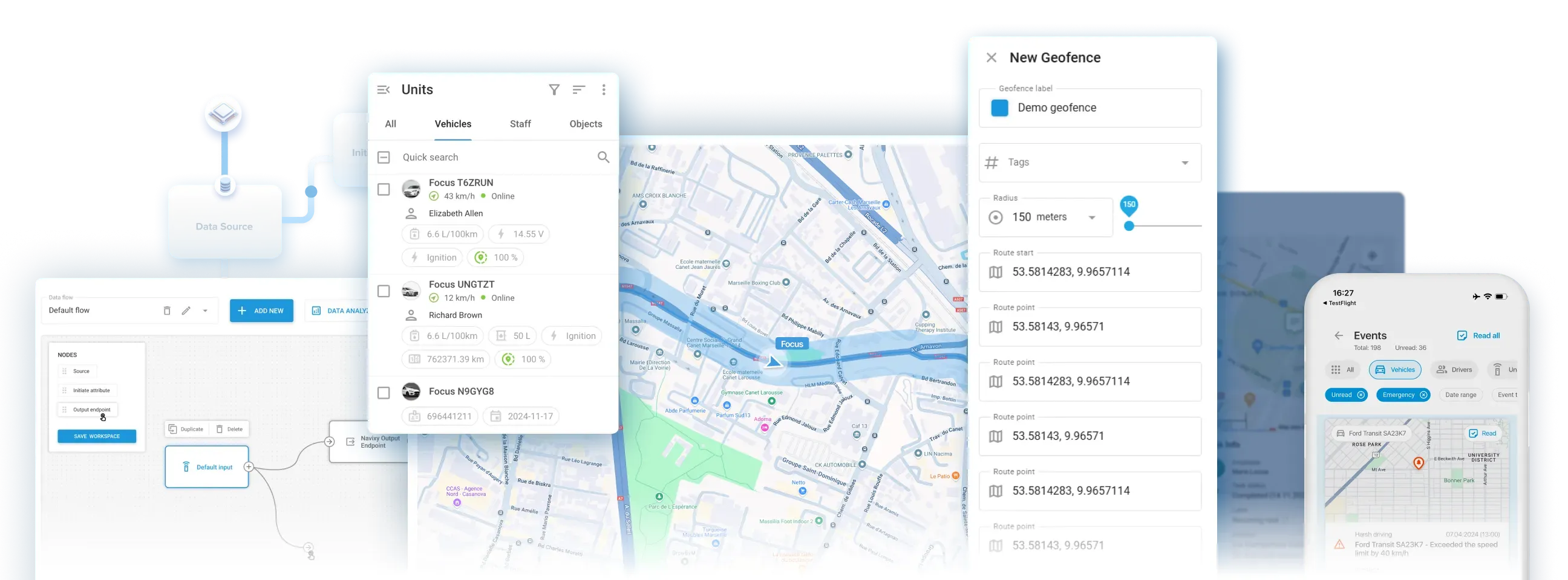 Navixy telematics dashboard with maps and fleet data